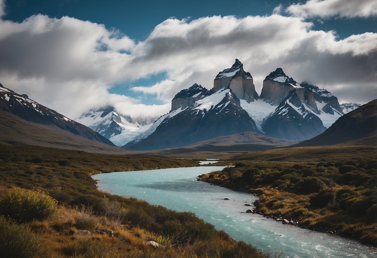 A panoramic view of Torres del Paine, with rugged mountains, pristine lakes, and lush greenery, showcasing the natural beauty of South America