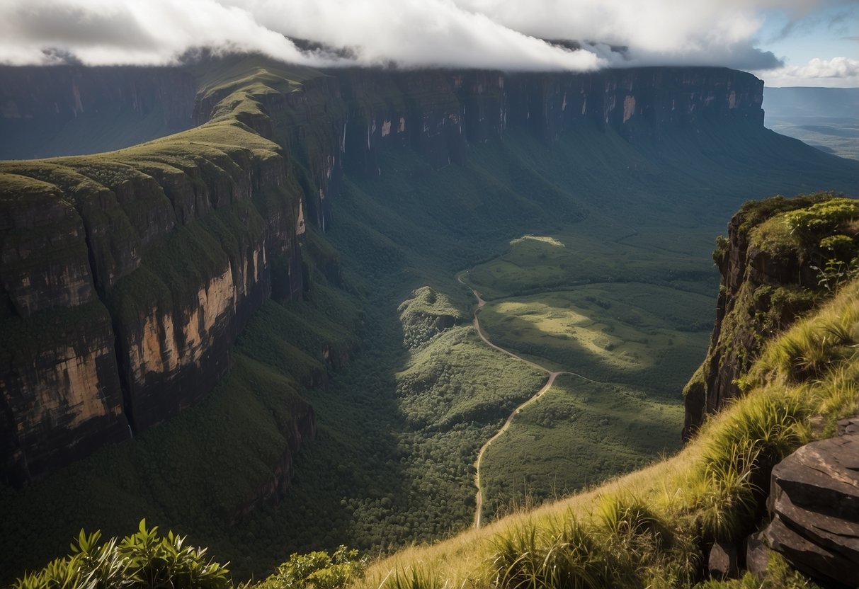 Mount Roraima rises majestically in Brazil, surrounded by lush greenery. The rocky terrain and unique rock formations create an awe-inspiring landscape for geocaching