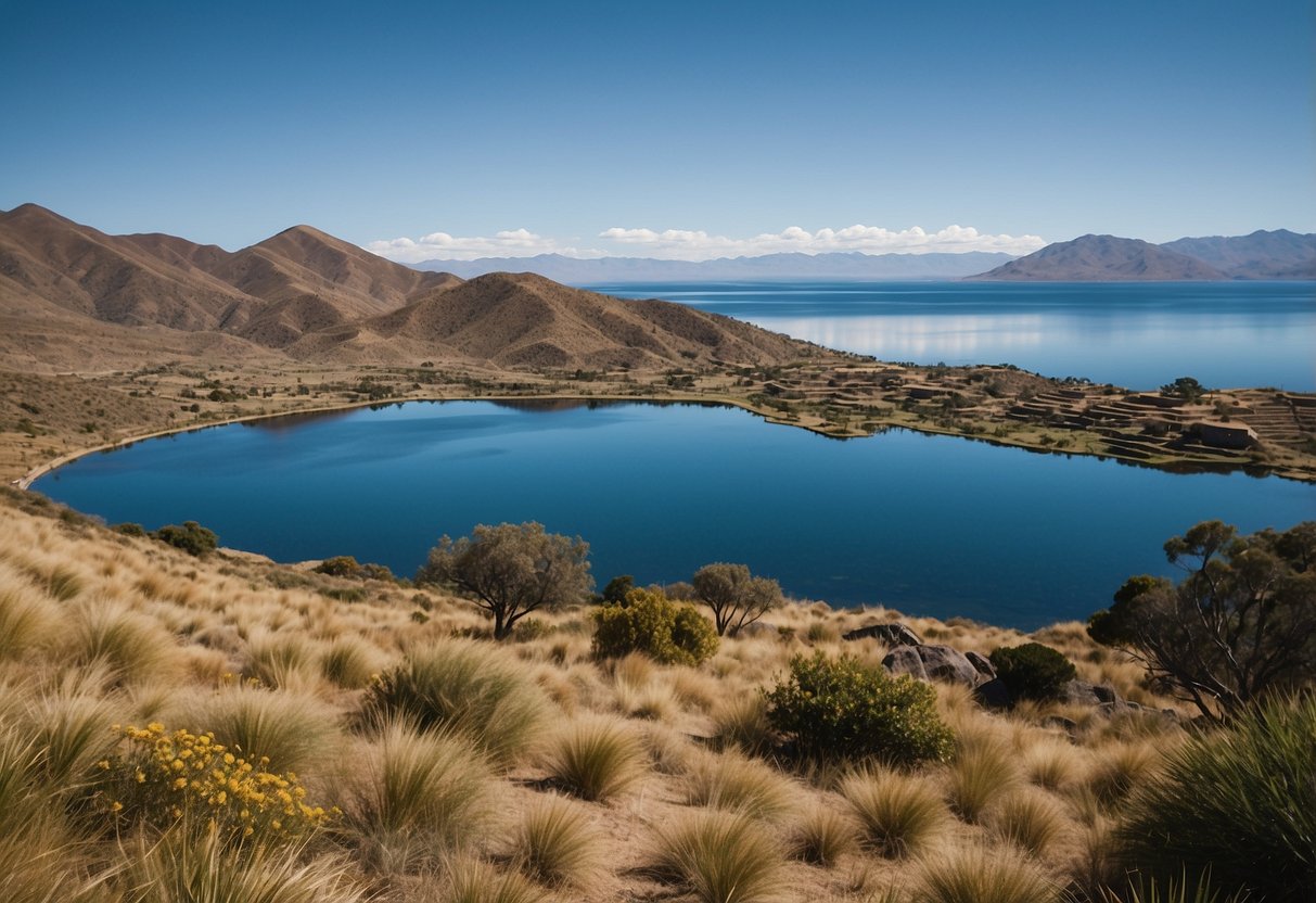 Lake Titicaca, Bolivia: serene waters, Andean mountains in the distance, lush greenery, and clear blue skies. Perfect for geocaching adventures