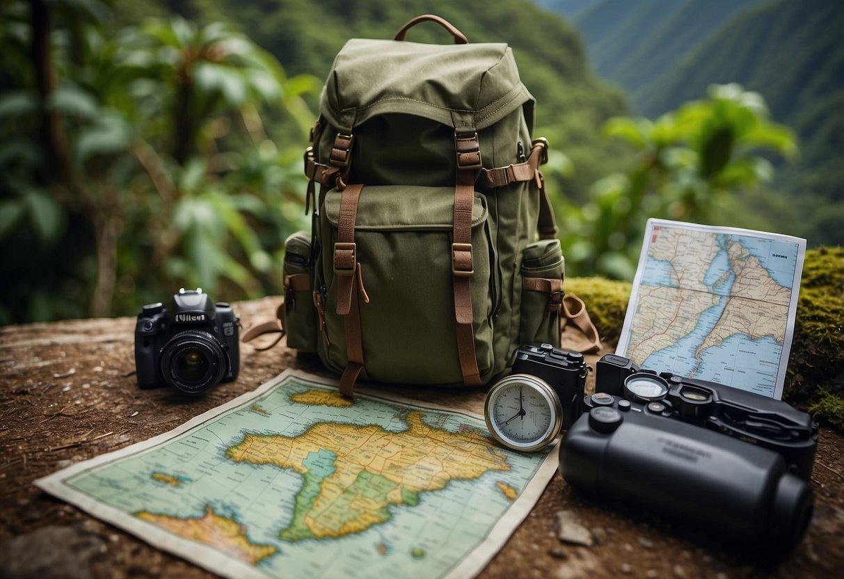 A backpack, GPS device, compass, and hiking boots lay on a map of South America. Lush jungle and towering mountains surround the gear