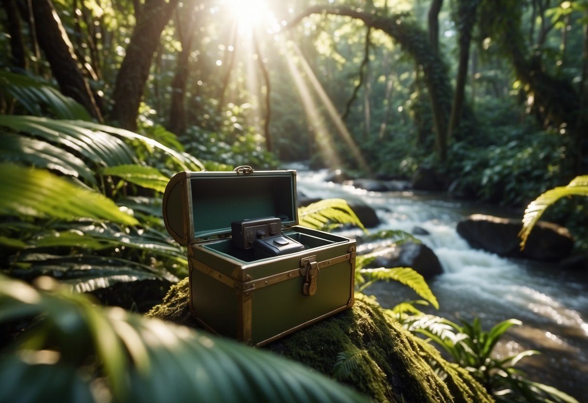 A lush, tropical jungle with winding rivers and hidden trails. A GPS device and a treasure chest hidden among the foliage. Bright sunlight filtering through the dense canopy