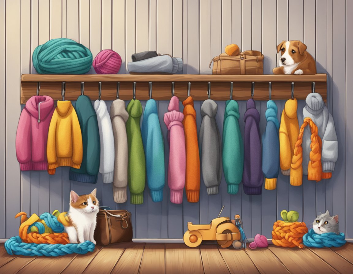 A cozy pet sweater hanging on a rustic wooden coat rack, surrounded by colorful leashes and toys