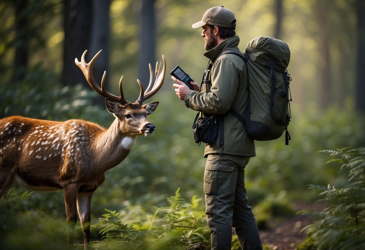 A geocacher carefully approaches a deer, keeping a safe distance. They carry a map and binoculars, showing respect for the wildlife