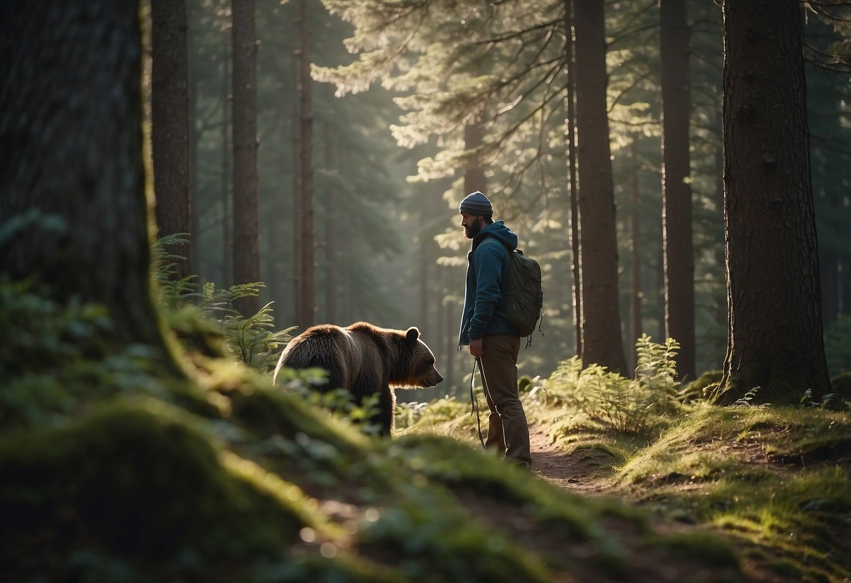 A hiker cautiously observes a bear from a safe distance while geocaching in the forest. He remains calm and assesses the situation, following tips for dealing with wildlife