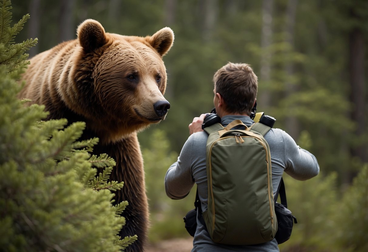 Hiker holds bear spray, studying instructions. Wildlife hides in bushes. Geocache sits nearby