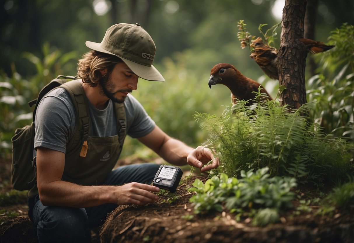 A geocacher sets up a cache surrounded by wildlife-safe plants, with a sign reminding others to avoid attracting animals with food scents