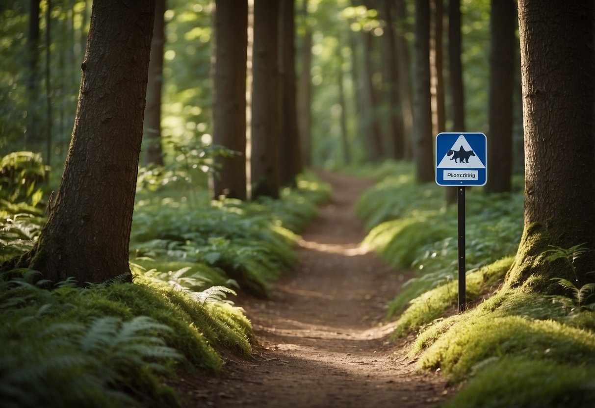 A forest trail with a geocaching sign, surrounded by trees and wildlife. No humans or body parts visible