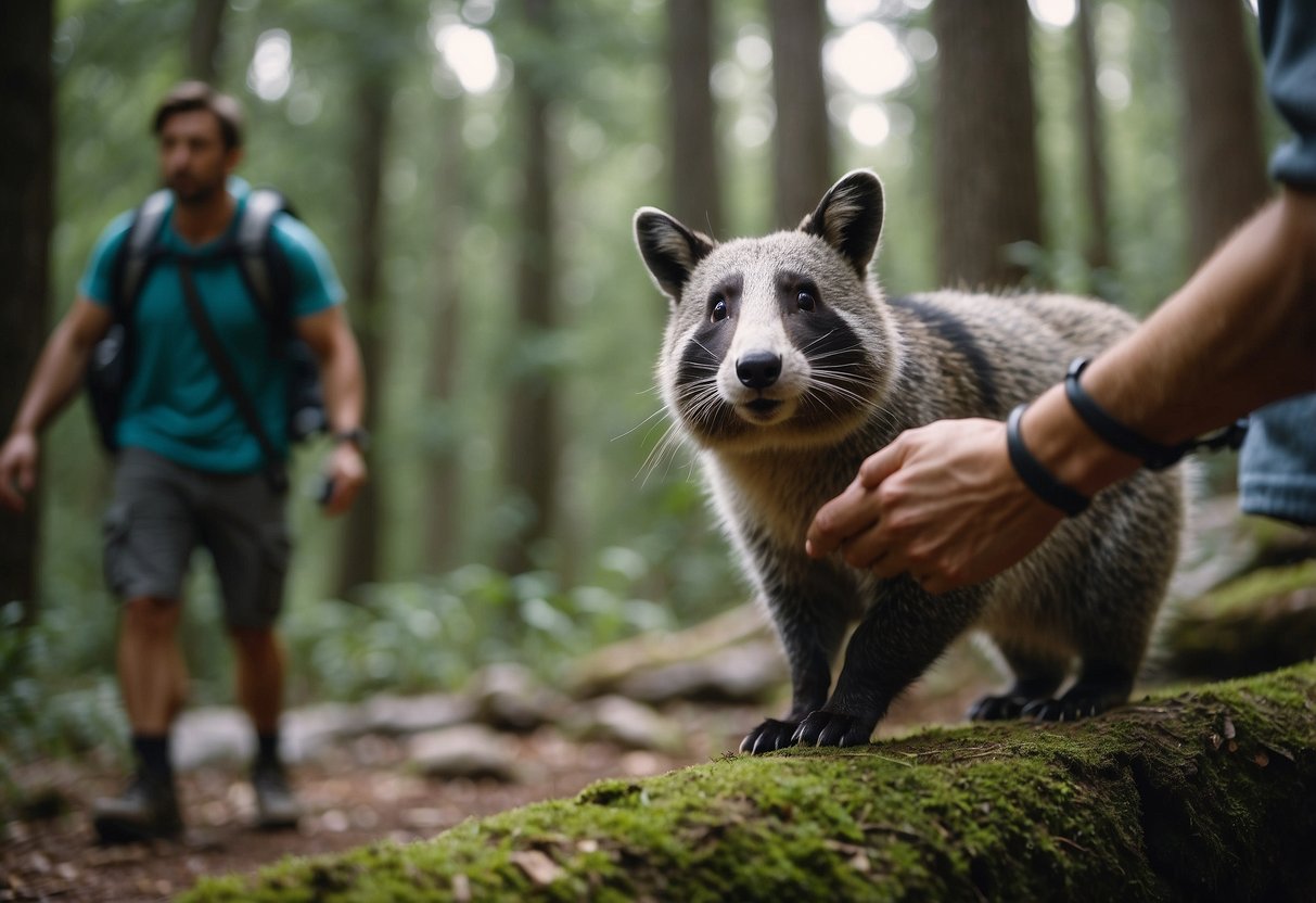 Animals react to noise. A hiker claps hands to alert wildlife while geocaching in a forest