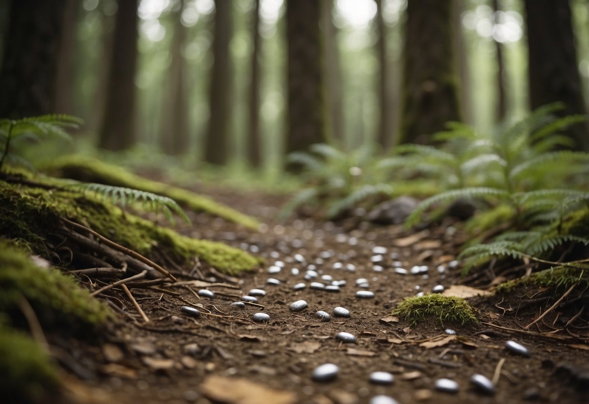 Animal tracks and signs are scattered across the forest floor, leading the viewer's eye to a geocaching container hidden amongst the trees