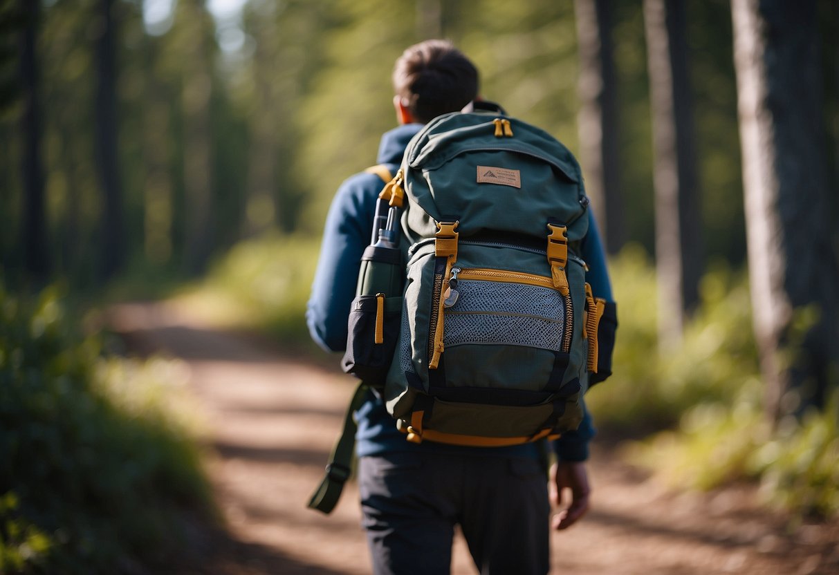 A person's hand reaches into a backpack, pulling out a bright, loud whistle. The surrounding landscape includes trees, rocks, and wildlife