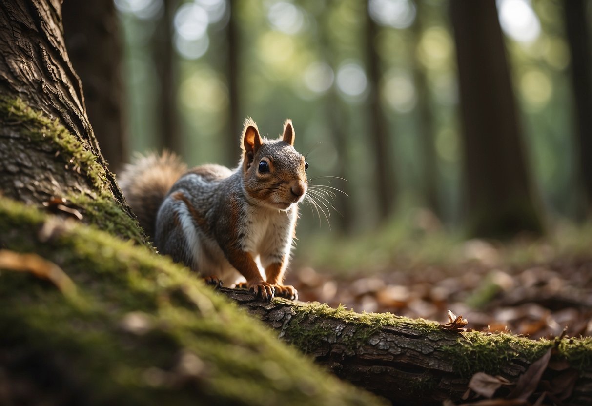 Wildlife foraging in forest, geocache hidden in tree hollow. Squirrel watches from branch, deer grazes nearby. Birds flit about