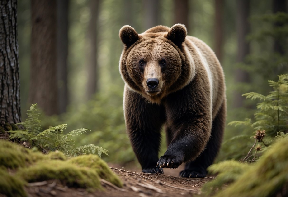 A bear and a geocacher face off in the forest. The geocacher follows safety tips to avoid a dangerous encounter