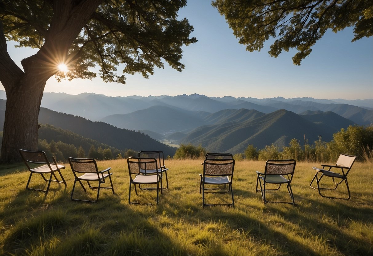 Five lightweight geocaching chairs arranged in a circle on a grassy clearing, surrounded by trees and a distant view of a mountain peak