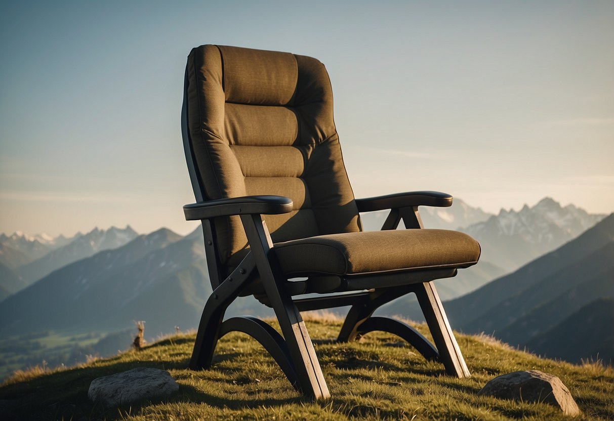 A sturdy, oversized chair sits atop a grassy hill, surrounded by towering mountains. Its lightweight frame and durable fabric make it the perfect companion for geocaching adventures in the Alps