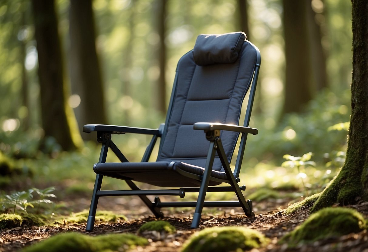 A sunny forest clearing with a geocaching chair surrounded by trees, a GPS device, and a map. The chair is lightweight and portable, with a comfortable seat and sturdy frame