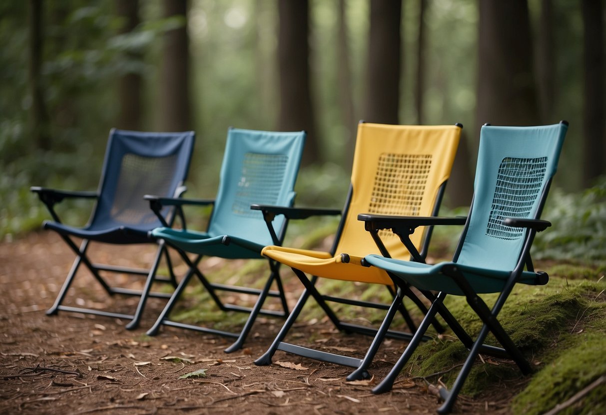 Five lightweight geocaching chairs arranged neatly with maintenance tools nearby. Instructions and care guidelines displayed prominently