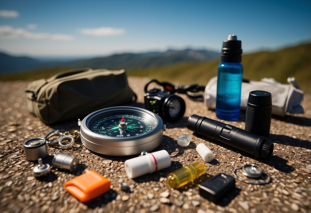 A compass, GPS device, map, pen, notebook, flashlight, extra batteries, whistle, first aid kit, and water bottle scattered on the ground