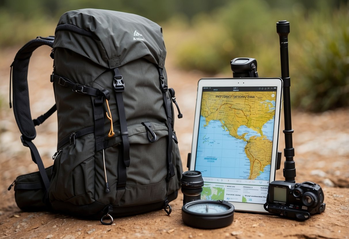 Two Black Diamond trekking poles rest against a backpack. Nearby, a map, compass, and GPS device lay on the ground, ready for a geocaching adventure