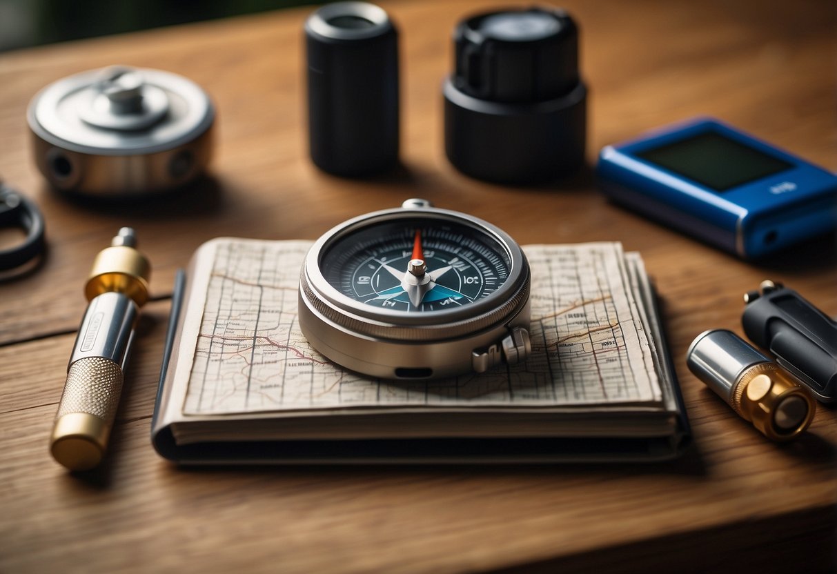 A table with a compass, GPS device, map, pen, notebook, flashlight, extra batteries, multi-tool, first aid kit, and water bottle