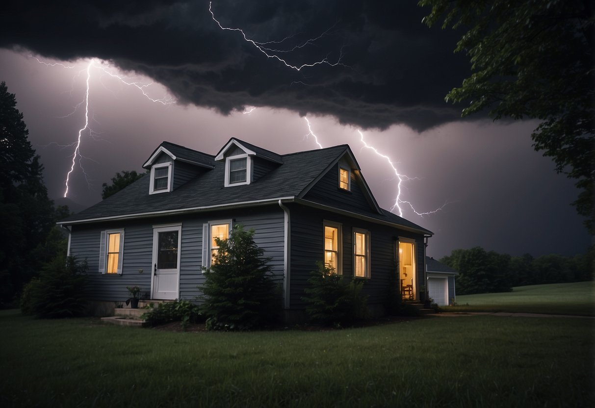 Dark clouds loom over a house with a sturdy roof and secured windows. Trees bend in the wind as lightning strikes in the distance. A flashlight and emergency kit sit ready inside