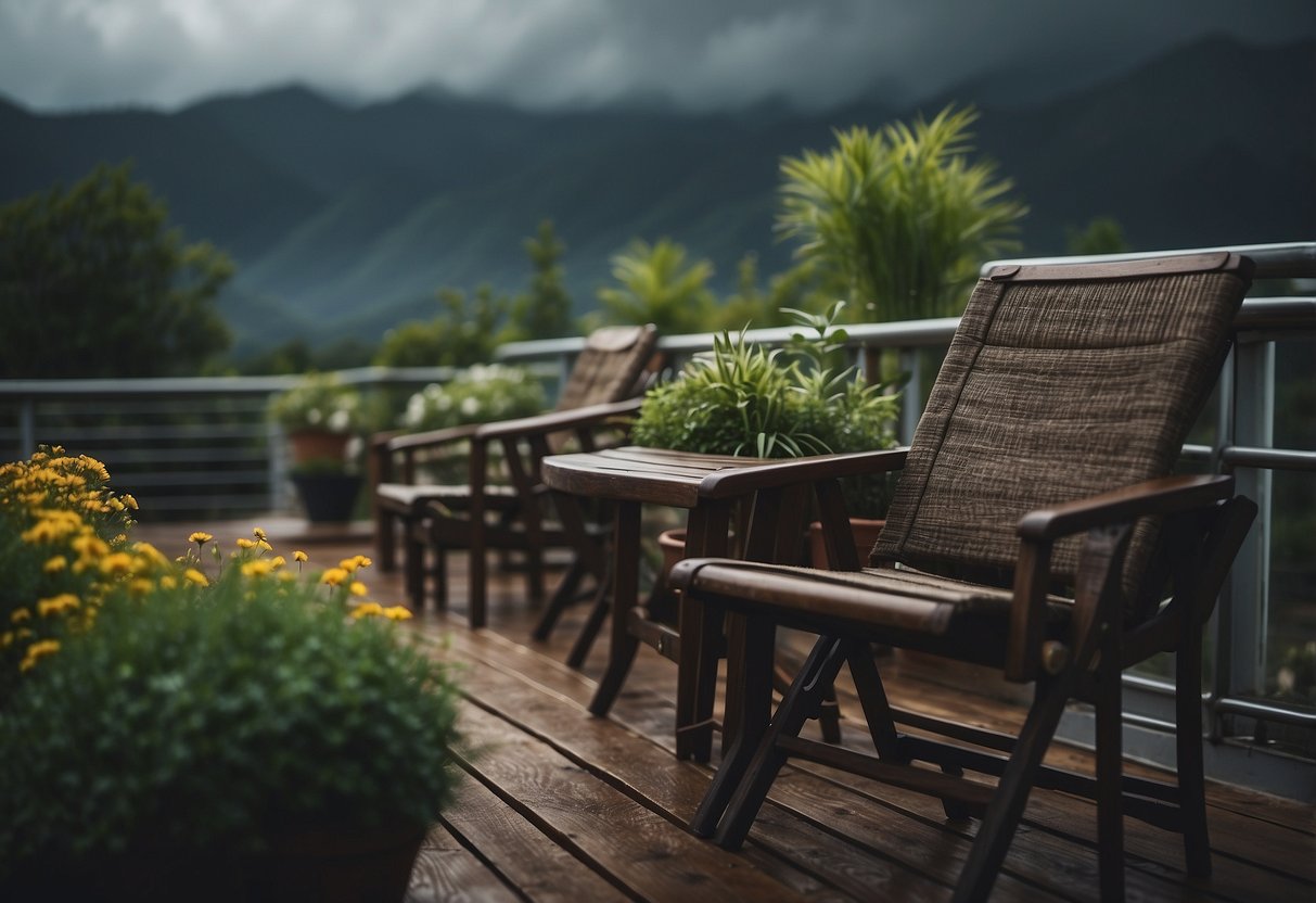 Outdoor items secured: chairs tied down, plants brought inside. Dark clouds loom overhead, wind picking up. Follow safety tips for storm