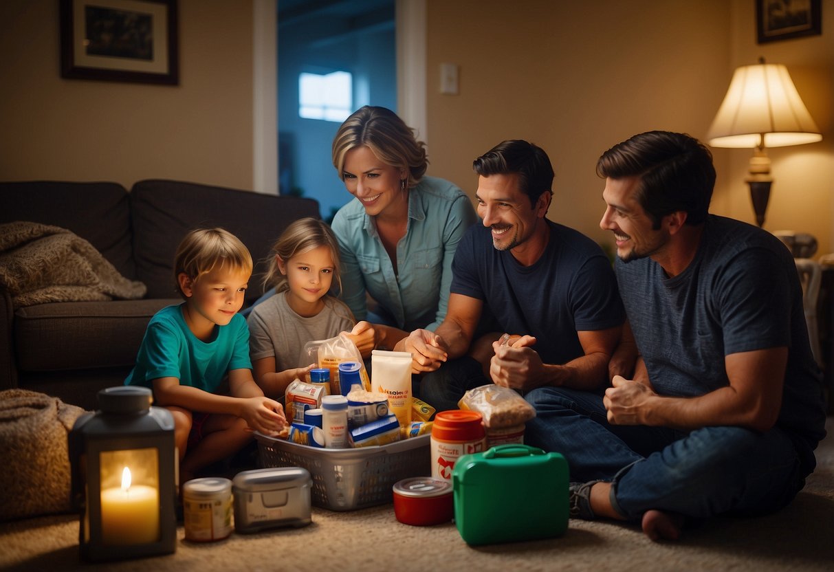 A family gathers non-perishable food, water, flashlights, batteries, first aid kit, and blankets in a designated safe area of their home