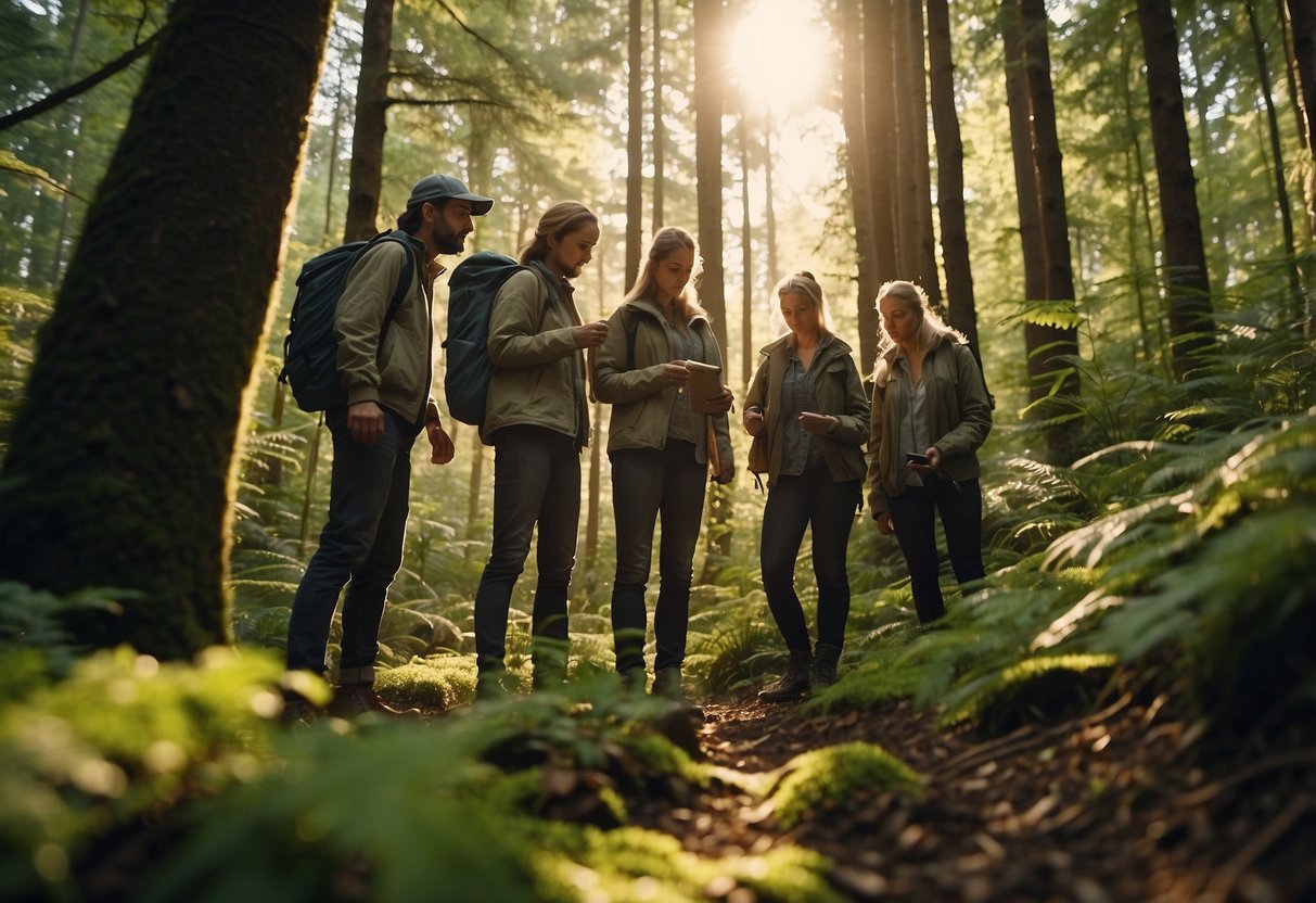 A group of geocachers wearing lightweight jackets, searching for hidden treasures in a lush forest. The sun is peeking through the trees, casting dappled light on the ground