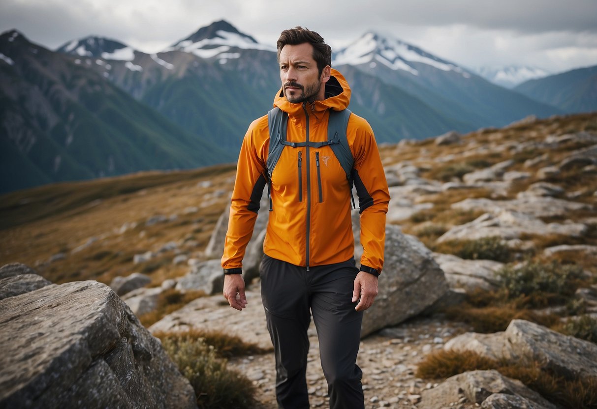 A hiker stands on a rocky trail, wearing the Arc'teryx Zeta SL Jacket. The lightweight, waterproof jacket is sleek and fitted, with a high collar and adjustable hood. The hiker's surroundings suggest an outdoor adventure, with mountains