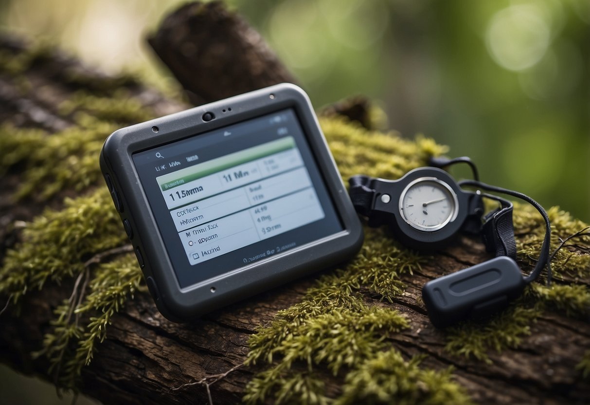 A lightweight jacket made of durable, water-resistant material hangs on a tree branch next to a GPS device and a geocaching logbook