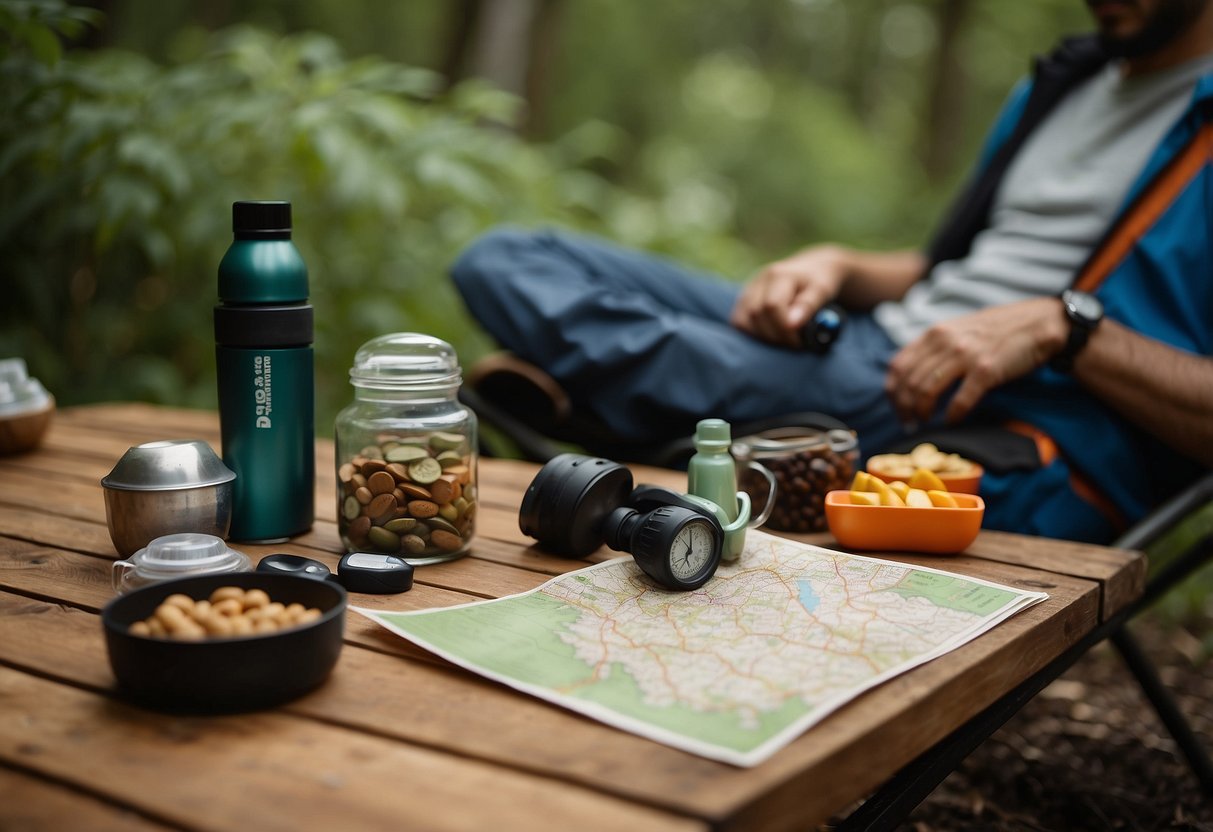 Geocaching gear scattered on a table, a map and compass, water bottle, and snacks. A person resting in a comfortable chair with their feet up, surrounded by nature-themed decor