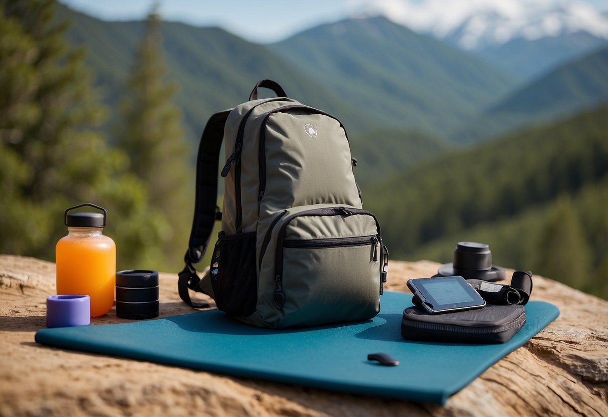 A serene outdoor setting with a geocaching backpack and GPS device, surrounded by nature. A yoga mat is laid out with various yoga poses being performed