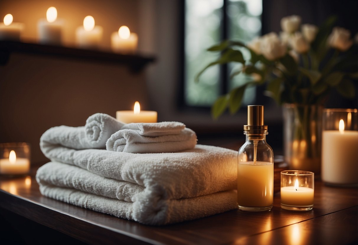 A serene massage room with a comfortable massage table, soft lighting, and soothing music. A bottle of massage oil and a stack of fluffy towels are neatly arranged nearby