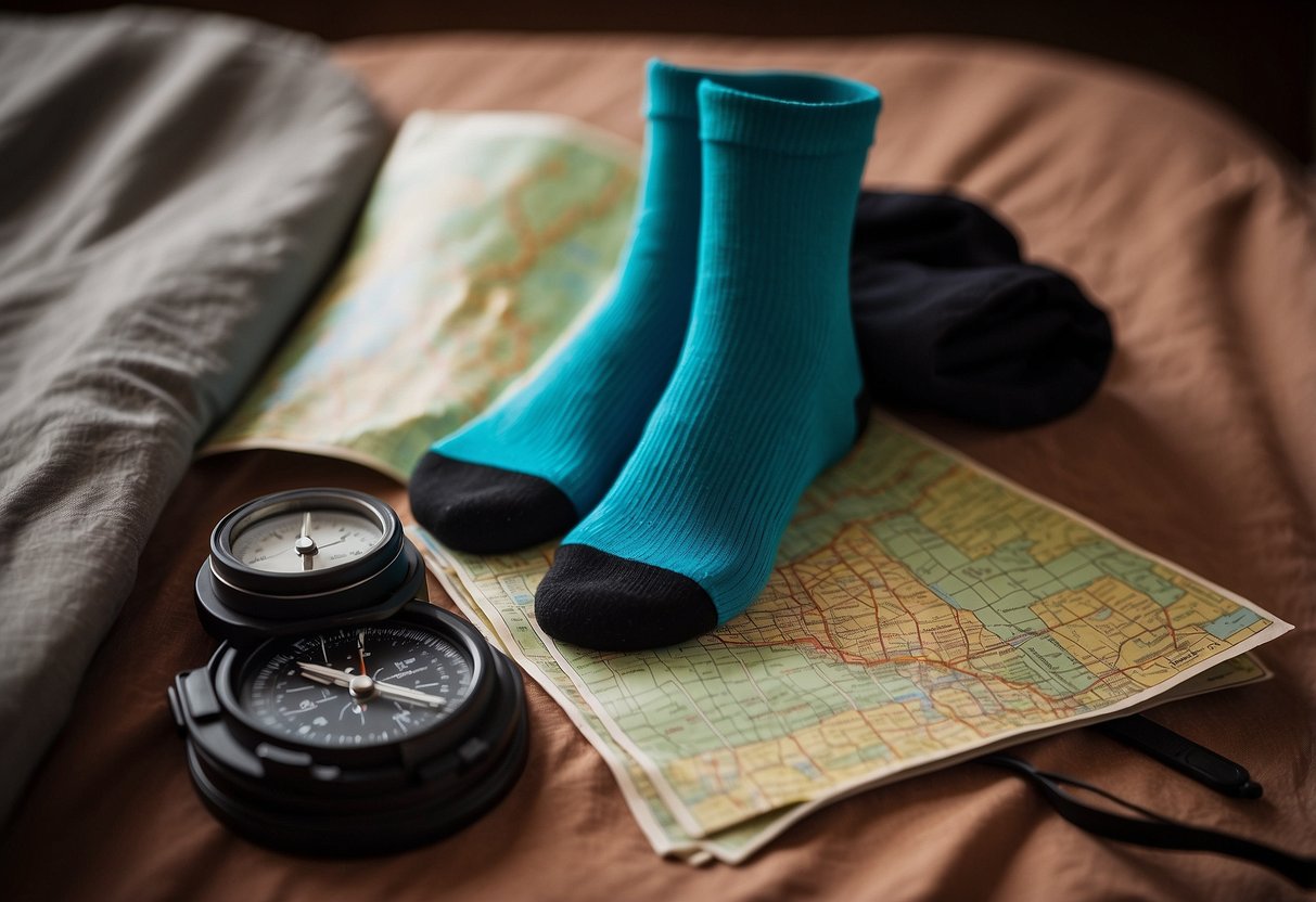 A pair of compression socks laid out on a cozy bed, surrounded by a map, compass, and geocaching equipment. The socks are bright and colorful, with a subtle gradient design