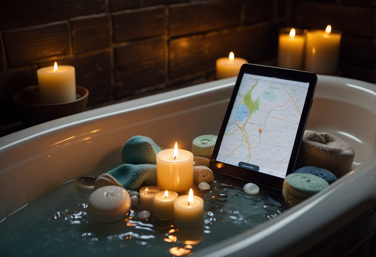 A bathtub filled with Epsom salt water, surrounded by candles and a towel. A geocaching map and GPS device sit nearby