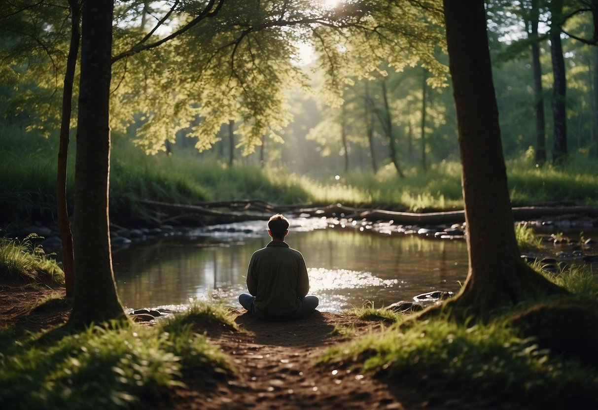 A serene forest clearing with a geocaching kit and a person meditating, surrounded by trees and a gentle stream