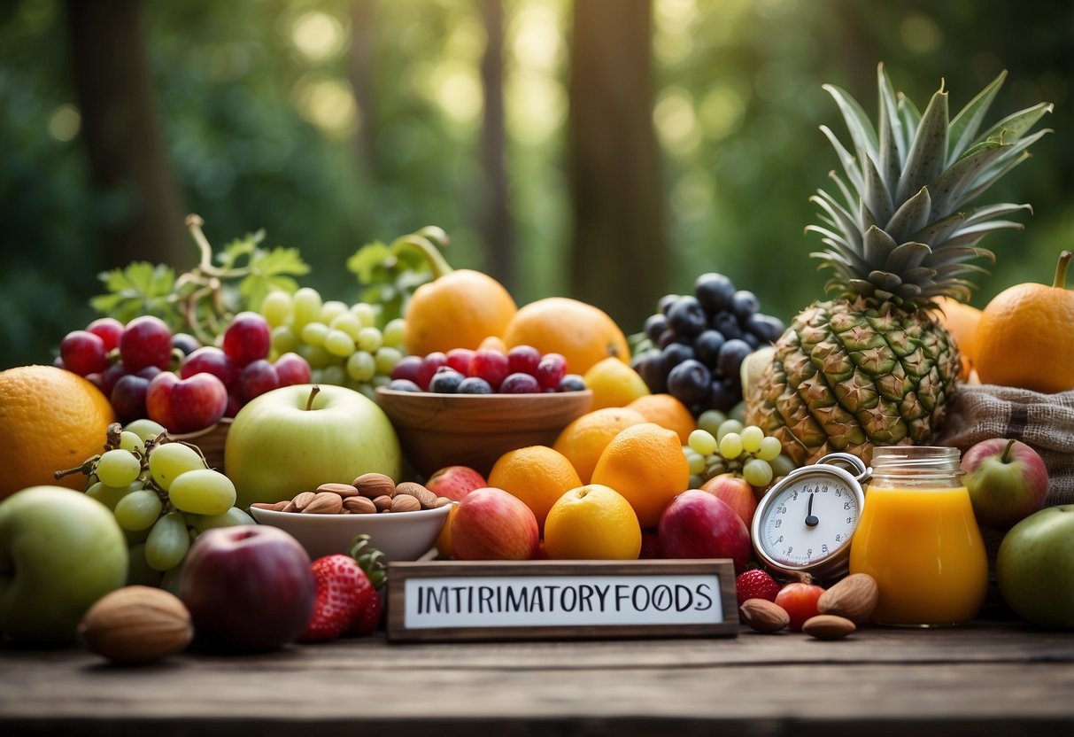 A table adorned with vibrant fruits, vegetables, and nuts. A sign reads "Consume Anti-Inflammatory Foods" amidst a backdrop of nature and geocaching gear