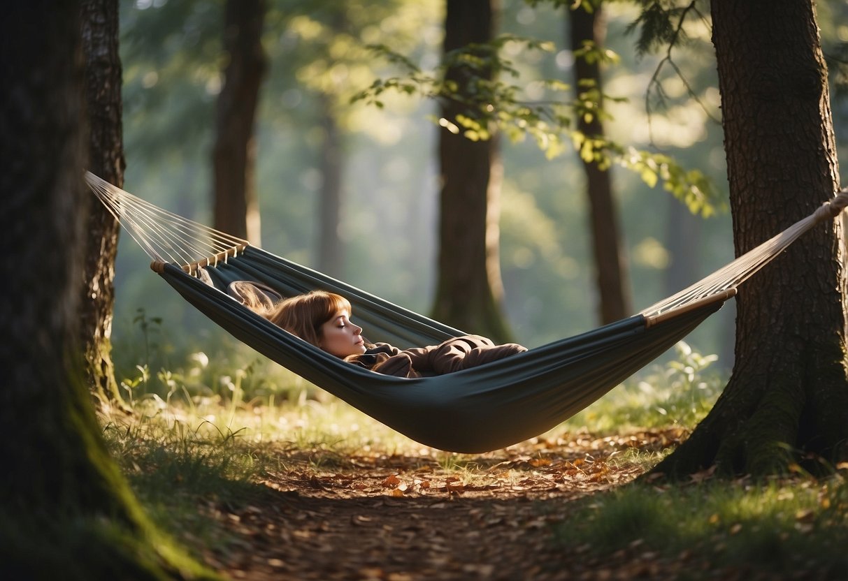 A cozy hammock hangs between two trees in a peaceful forest clearing. A geocacher rests with their eyes closed, surrounded by nature and the sound of rustling leaves