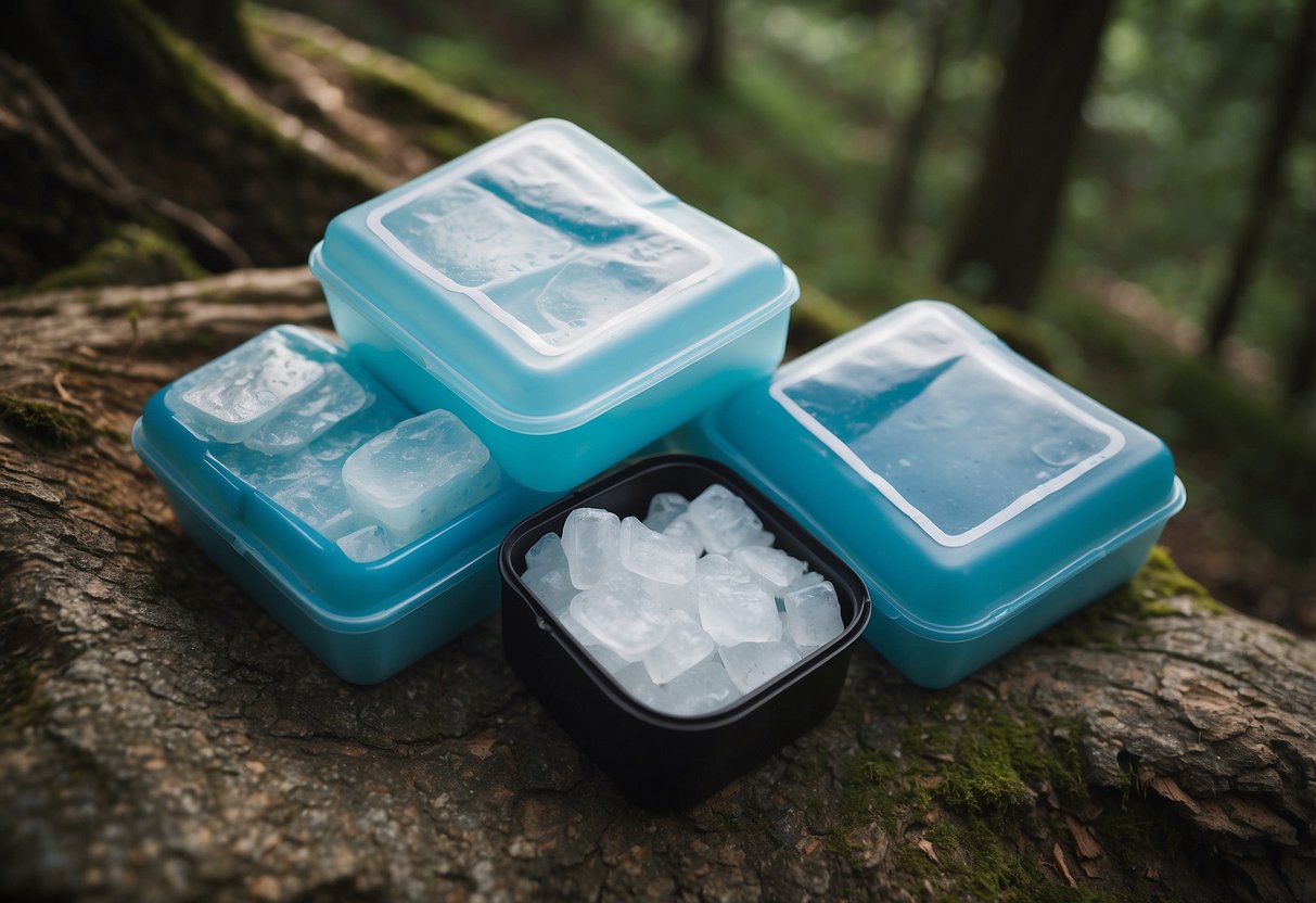 Ice packs placed on various sore areas, such as knees and shoulders. Geocaching equipment and maps scattered nearby. Outdoor setting with trees and trails in the background