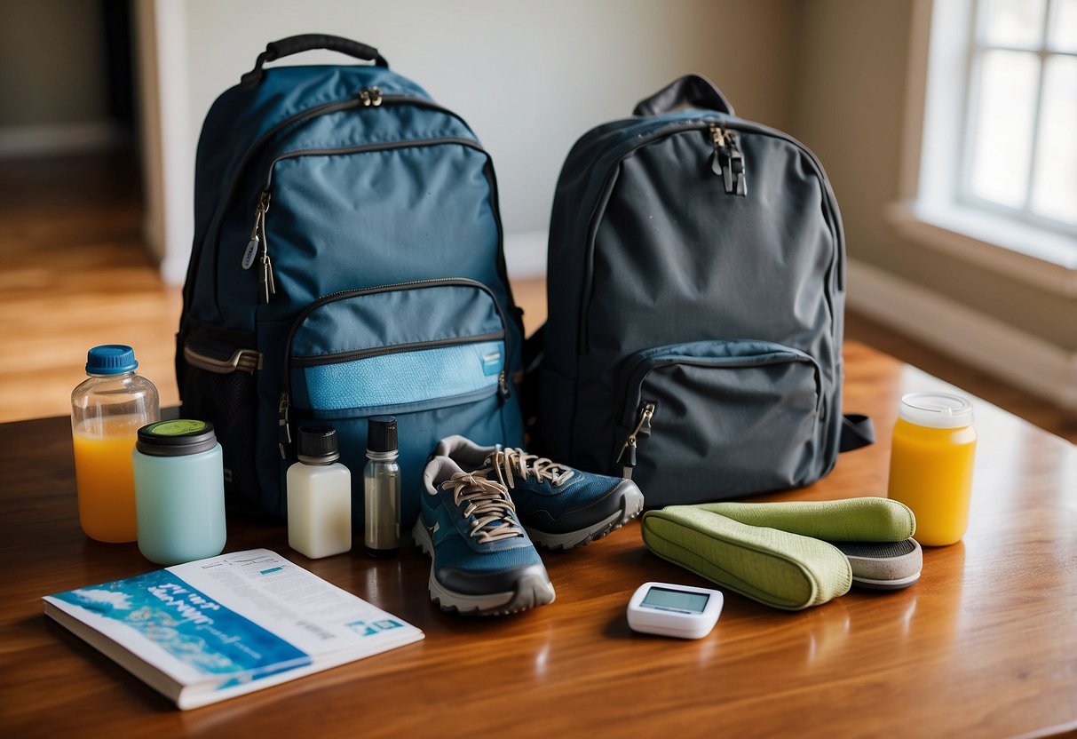 A geocacher's backpack lies open on a table, surrounded by a water bottle, healthy snacks, and a foam roller. A map and journal are nearby, along with a pair of comfortable shoes