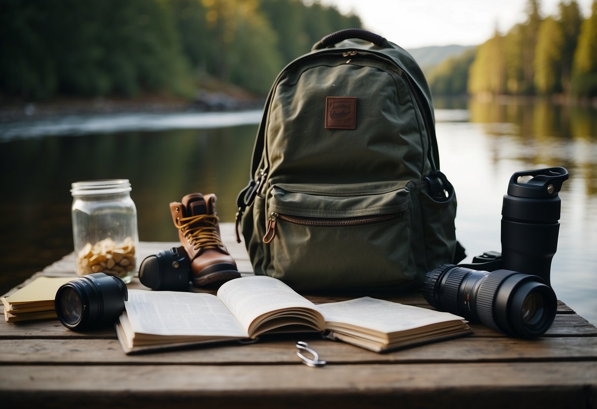 A geocacher's backpack sits open on a table, spilling out maps, water bottles, and snacks. A pair of worn hiking boots are kicked off to the side, and a notebook filled with handwritten notes and coordinates is splayed open next