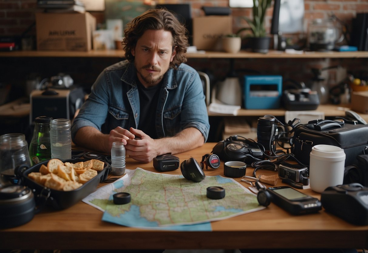 A geocacher sits surrounded by cluttered gear, staring at a map. Water bottles and snacks litter the table. A computer displays a post-trip recovery guide