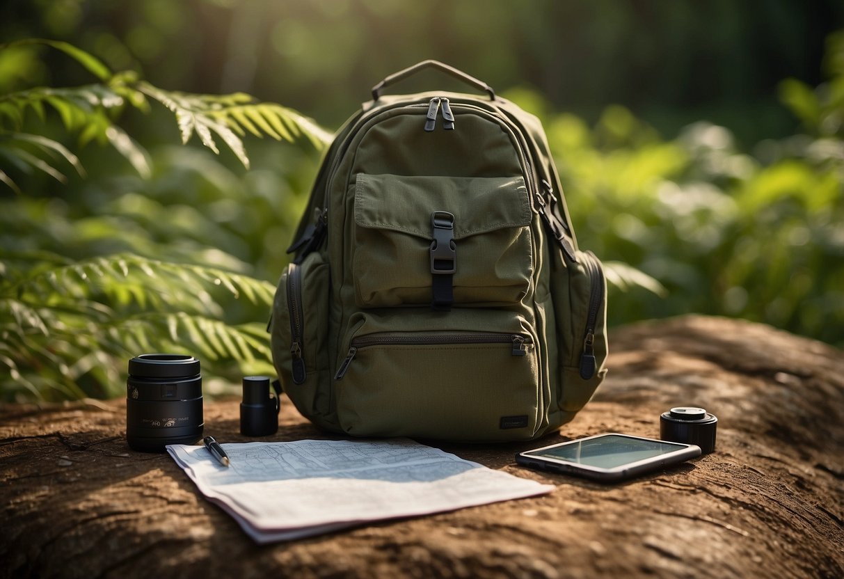 A backpack sits on the ground, open and filled with supplies. A map and compass are laid out next to it, with a geocaching logbook and pen ready for use. The sun is shining, casting shadows on the lush greenery surrounding