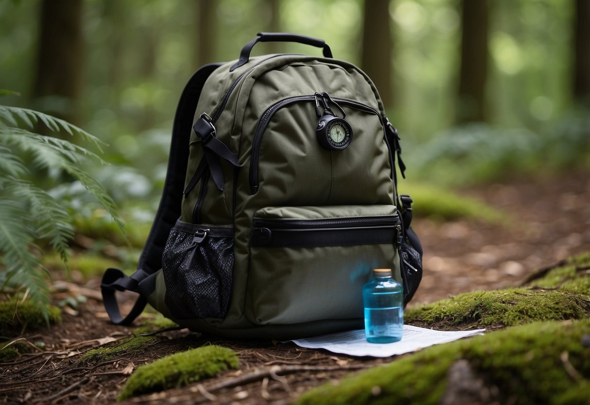 A backpack sits open on the ground, surrounded by a compass, map, and water bottle. In the background, a trail winds through a lush forest