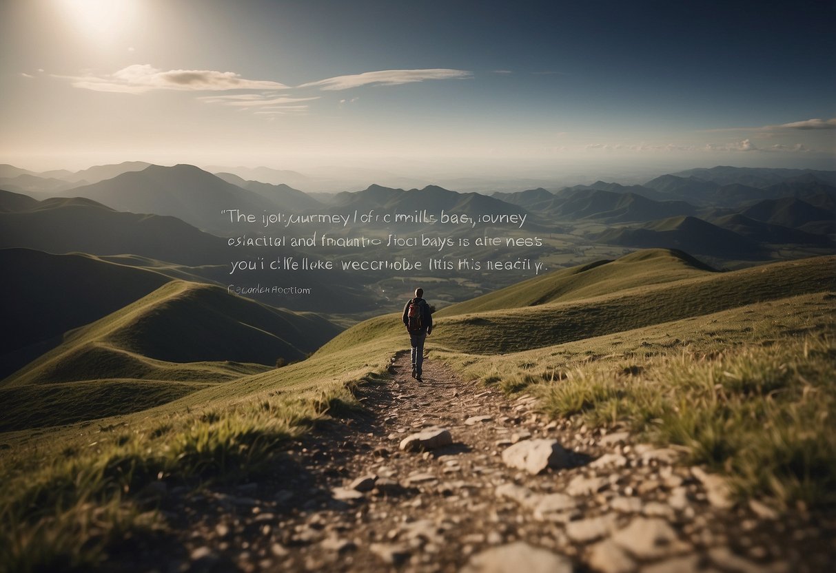 A lone figure sets out on a long geocaching journey, surrounded by vast landscapes and challenging terrain. The quote "The journey of a thousand miles begins with one step" is prominently displayed