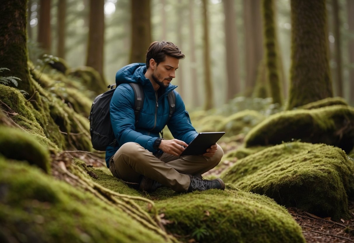 A geocacher sits on a moss-covered rock, surrounded by towering trees and a winding trail. They hold a GPS device and a notebook, with hidden caches waiting to be discovered in the distance