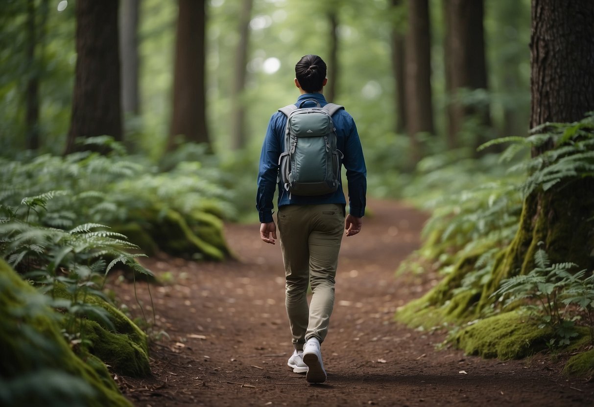 A person wearing comfortable pants, holding a GPS device, walking through a forest with hidden treasure boxes