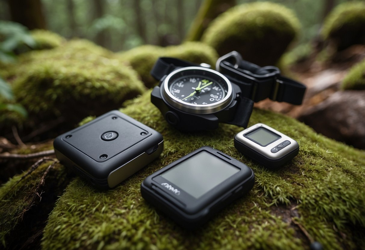 A pair of Prana Stretch Zion Pants lying on a moss-covered rock in a lush forest, with a GPS device and a compass next to them