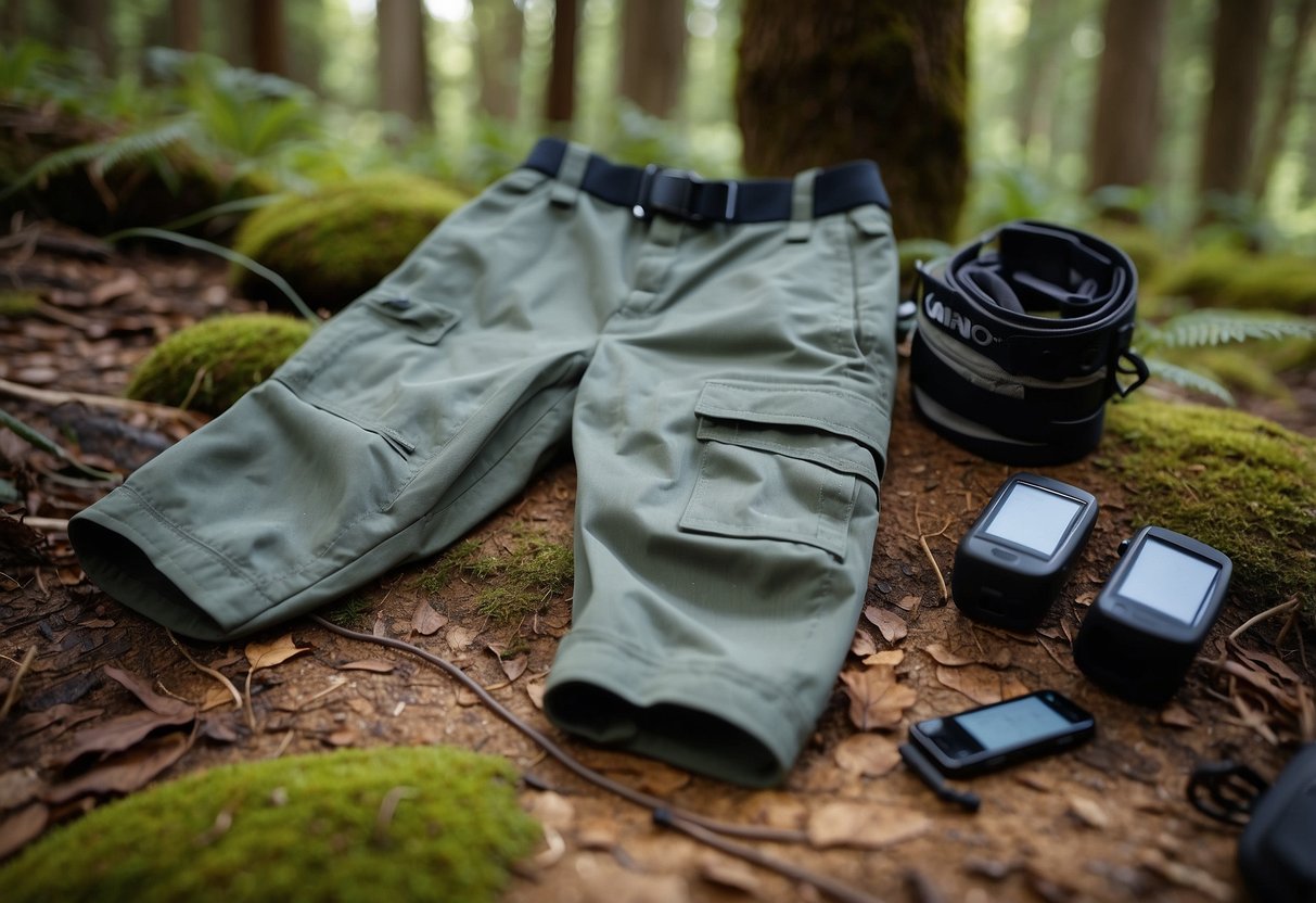 A pair of Columbia Silver Ridge Convertible Pants laid out on a forest floor, surrounded by geocaching equipment and a GPS device