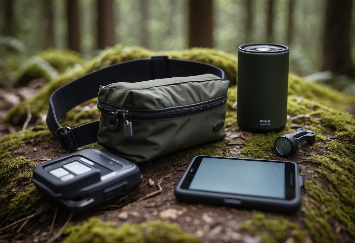 A pair of KUHL Renegade Cargo Convertible Pants lying on a forest floor next to a GPS device and a geocache container