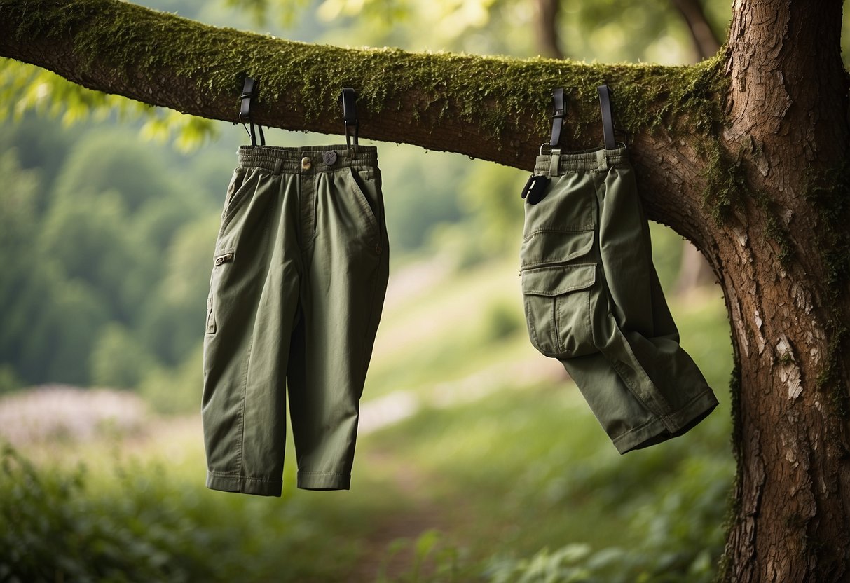 A pair of durable, flexible geocaching pants hang from a tree branch, surrounded by lush green foliage and a scenic backdrop, emphasizing the importance of comfort in outdoor exploration